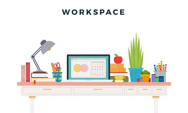 Εικονογράφος διανυσμάτων χώρου εργασίας σε επίπεδη σχεδίαση. Χώρος εργασίας σχεδιαστών με συσκευές για εργασία. — Διανυσματικό Αρχείο