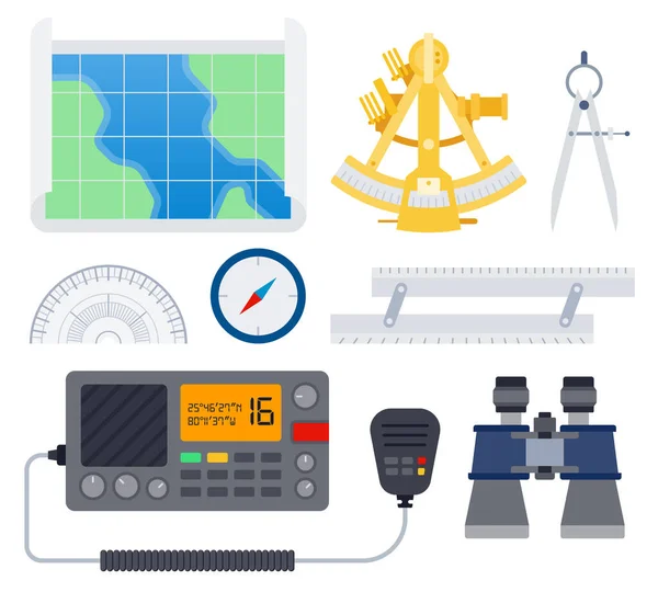 Schiffsausrüstung. Vektorflache Illustrationen. Boots-, Yacht- oder Schnellbootausrüstung. — Stockvektor