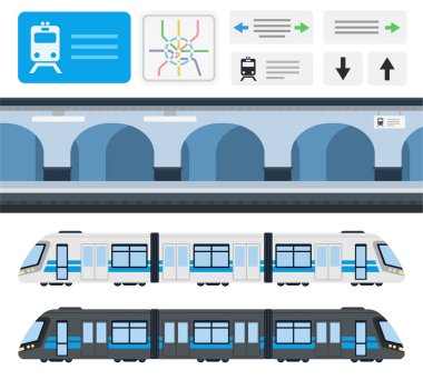 Metro istasyonu, metro ve yolcu bileti. Vektör düz çizimler.