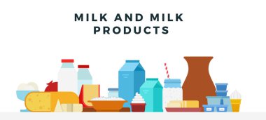 Süt ürünleri. Vektör düz çizimler. Peynir ve tereyağlı taze organik süt ürünleri.