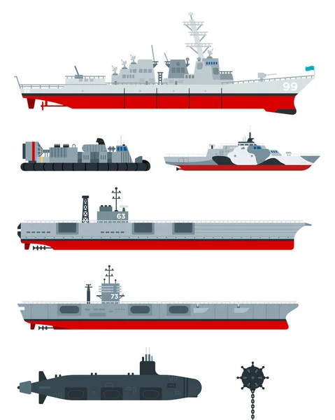 Militära skepp vektor platt ikoner. Olika typer av örlogsfartyg inställda, militära båtar, fartyg. — Stock vektor
