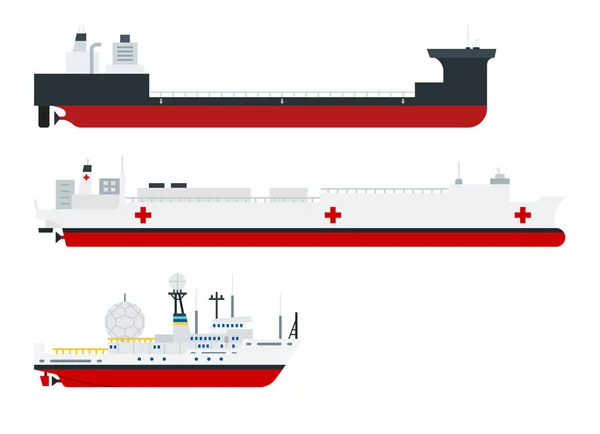 Illustration of different types of ships, cargo, hospital and research vessel vector illustration — Stock Vector