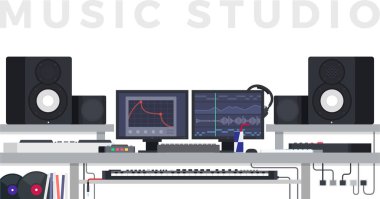 Müzik stüdyosu. Vektör düz çizimler. Dijital ekipmanlı müzisyen çalışma dolabı.