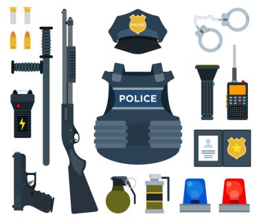 Vektör, beyaz arkaplanda izole edilmiş profesyonel polis ekipmanı simgeleri ayarladı.