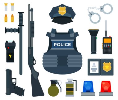 Vector set icons of professional police equipment isolated on white background. clipart