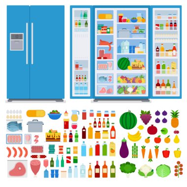 Kapalı ve açık kapısı olan buzdolabı. Farklı yiyecekler hazırla. Vektör düz çizimler.