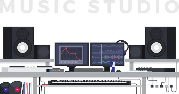 Estudio de música. Ilustraciones planas vectoriales. Gabinete de trabajo del músico con equipo digital . — Vector de stock