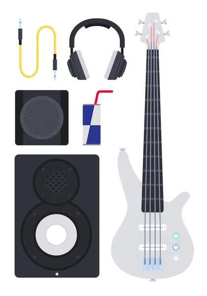 Conjunto de guitarra eléctrica, sistema de altavoces e ilustración vectorial de auriculares en un diseño plano . — Vector de stock