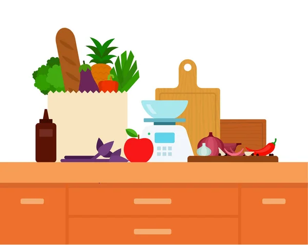 Recepten online. Vector platte illustraties. Thuis koken concepten, set producten op nachtkastje. — Stockvector