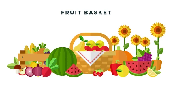 Cosecha de diferentes frutas y verduras envasadas en cesta, ilustración de vectores de caja en diseño plano . — Vector de stock