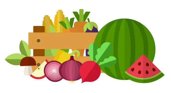 Cosecha composición en una caja, verduras, bayas y setas ilustración vector cercano — Vector de stock