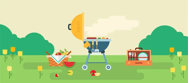 Summer recreation on fresh air with equipment for picnic. Vector flat illustration. Relax on nature.