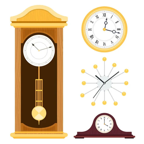 Establecer diferentes estilos de relojes para los iconos de vectores de decoración de interiores en diseño plano en blanco . — Vector de stock