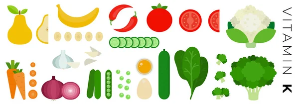 K vitamini, karnabahar ve salatalık içeren düz vektör simgeleri. . — Stok Vektör