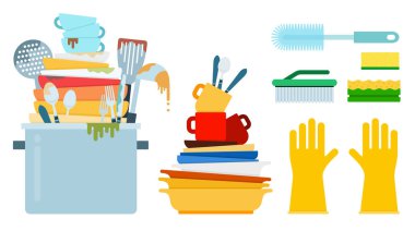 Kirli tabaklar, süngerli tabaklar ve düz tasarım vektör çizimleri..