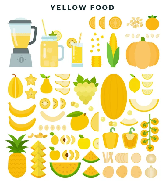 Żółte warzywa, owoce i soki, płaski zestaw ikon. Ilustracja wektora. — Wektor stockowy