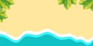 Düz dizaynlı kumlu sahil vektör çiziminde dalga ve köpükle mavi okyanus.