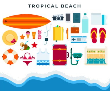 Tropik plaj istirahatı, yazlık plaj aksesuarları. Vektör düz resimleme.