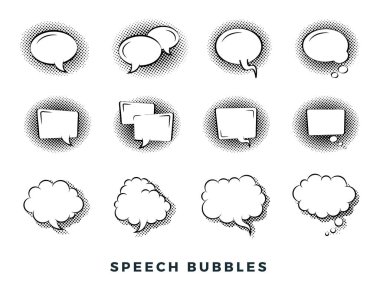 Çizgi roman konuşma baloncukları vektör düz simgeler kümesi. Klasik tasarım, pop sanat tarzı. Siyah ve beyaz.