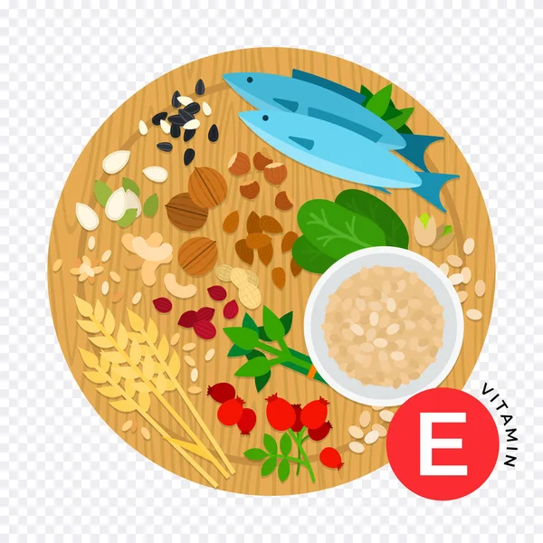 Alimentos contendo vitamina E ilustração vetorial plana. Alimentação saudável e conceito de bem-estar . —  Vetores de Stock