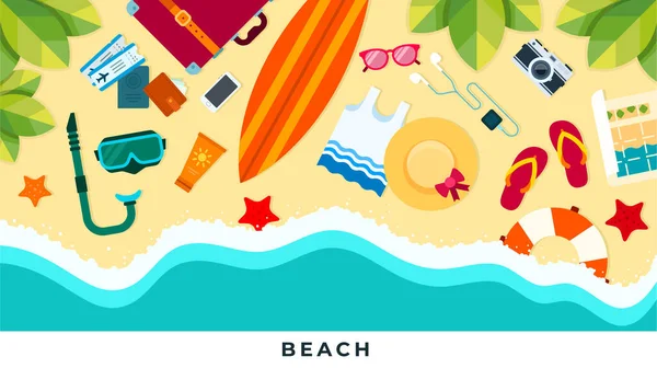 Letnia plaża tropikalna podróż płaski design wektor ilustracja. — Wektor stockowy