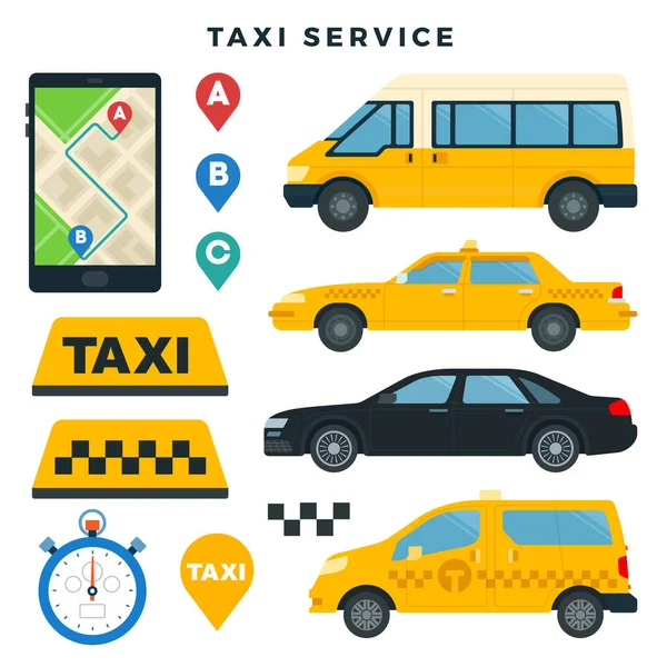 Různé typy taxíků a taxi značky, taxi rezervace mobilní aplikace, sada prvků. Vektorová ilustrace, izolovaná na bílém. — Stockový vektor