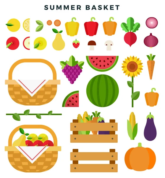 Sommerkorb mit frischem Obst und Gemüse. Konzept für gesunde Ernährung. Obst, Gemüse, Sonnenblumen, isoliert auf weißem Hintergrund. Vektorflache Illustration. — Stockvektor
