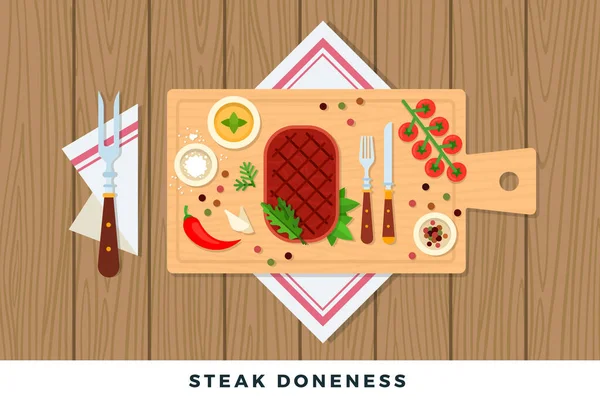 Steak doneness vector ilustración plana. Concepto de carne preparada sobre tabla de madera con especias . — Archivo Imágenes Vectoriales