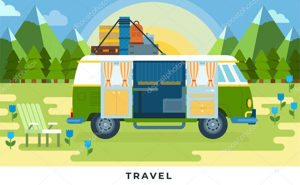 Travel van for traveling vector flat illustration. Bus with different element stands near mountains.