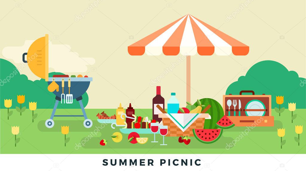 Outdoor summer picnic in meadow with tulips. Vector flat illustrations. Concept relax on nature.
