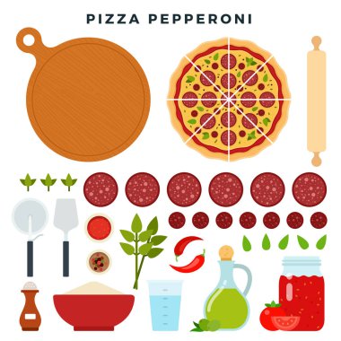 Pizza pepperonisi ve pişirmek için gereken tüm malzemeler. Pizzanı yap. Pizza yapmak için bir takım ürünler ve aletler. Vektör illüstrasyonu.