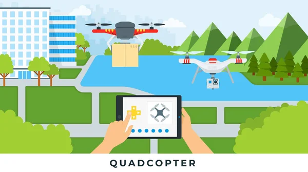 Illustration av styra quadrocopters med tablett på natur bakgrund vektor platt ikon isolerad — Stock vektor
