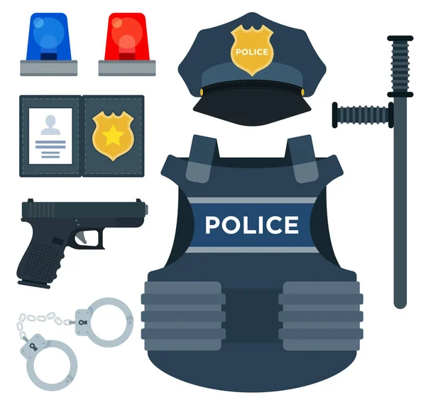 Speciális rendőrségi egyenruhák és védőfelszerelés-vektor illusztráció lapos kivitelben — Stock Vector