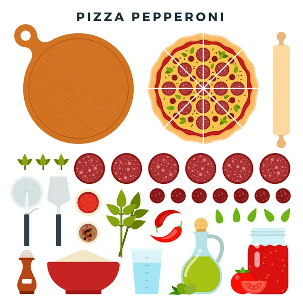 Pizzapepperoni och alla ingredienser för matlagning det. Gör din pizza. Uppsättning produkter och verktyg för pizzabruk. Vektorillustration. — Stock vektor