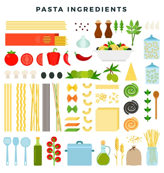 Set di ingredienti per fare la pasta. Diverse forme di pasta, prodotti e utensili per cucinare. Illustrazione vettoriale in stile piatto. — Vettoriale Stock