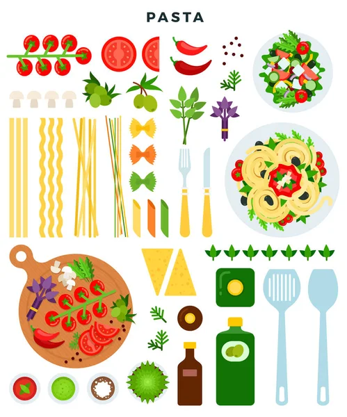 Klassieke Italiaanse pasta koken. Set van diverse vormen van pasta, groenten, kaas, boter, olijven, specerijen, sauzen en andere ingrediënten. Vectorillustratie. — Stockvector