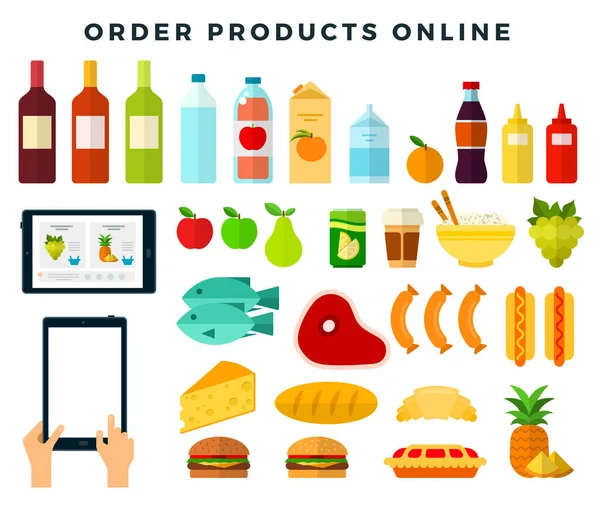 Ordinare cibo tramite app mobile. Shopping online. Ordina prodotti utilizzando tablet. Icone vettoriali di design piatto. — Vettoriale Stock