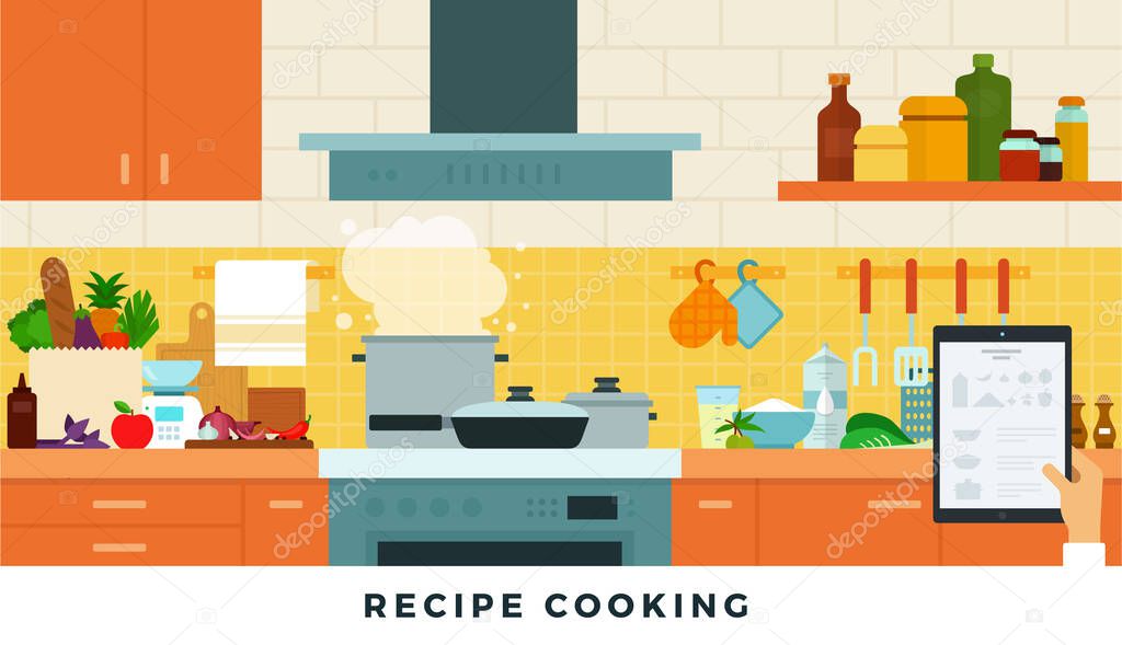 Recipes cooking food online. Vector flat illustrations. Home cooking concepts, search for recipes.
