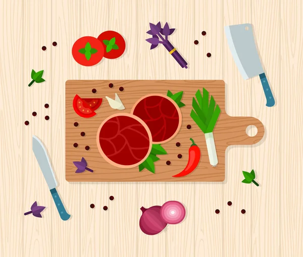 Le processus de cuisson de la viande sur planche à découper en bois, avec des légumes, illustration vectorielle vue de dessus — Image vectorielle