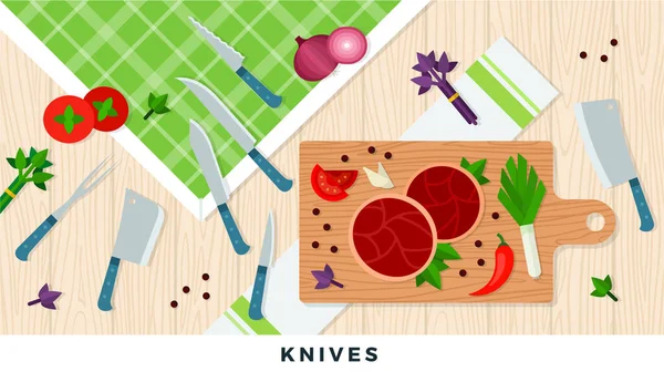 Meat knives. Vector illustration in flat design. Cooking banner. — Stock Vector