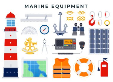 Beyaz arka planda izole edilmiş, düz stil deniz ve deniz simgelerinin vektör kümesi.