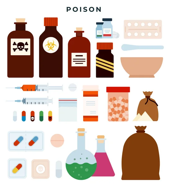 Δηλητήριο, τοξικές ουσίες, φάρμακα, υγρά, δισκία, κάψουλες, σκόνες σε διαφορετικές μορφές. Σύνολο διανυσματικών εικονιδίων, απομονωμένων σε λευκό φόντο. — Διανυσματικό Αρχείο