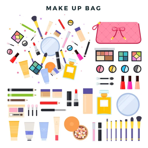 Gran conjunto de diferentes cosméticos decorativos. Contenido de la bolsa cosmética para mujer. Todo por el maquillaje. Ilustración vectorial . — Vector de stock