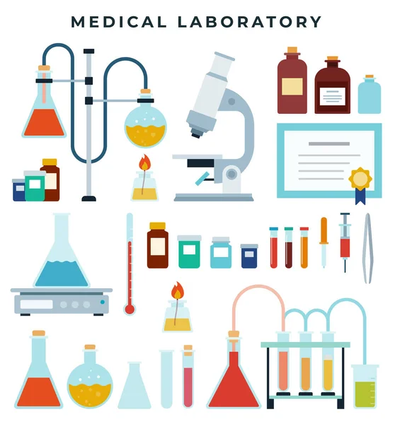 Tıbbi teşhis veya bilimsel laboratuvar ekipmanları, bir dizi düz ikon. Matara, şişe, kavanoz, mikroskop, cımbız, reaktörler, beher.. — Stok Vektör