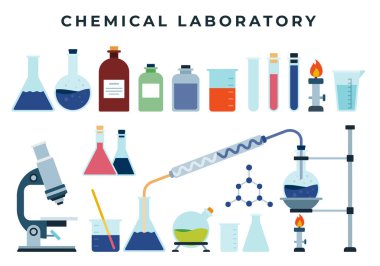 Kimyasal eğitim ya da araştırma laboratuvar ekipmanları, bir dizi düz ikon. Matara, lamba, test tüpü, mikroskop, reaktörler, beher, kimyasallar..
