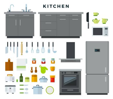 Collection of kitchen utensils, appliances, equipment, furniture. Vector illustration in flat style. clipart