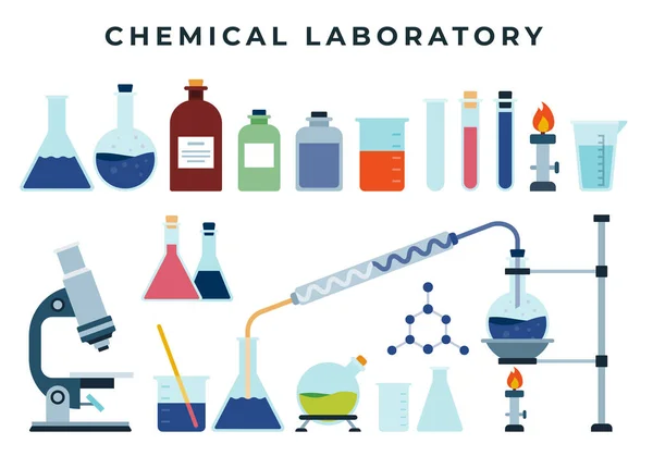 Chemische Ausbildung oder Forschungslaborausrüstung, eine Reihe flacher Symbole. Kolben, Spirituslampe, Reagenzglas, Mikroskop, Reagenzien, Becher, Chemikalien. — Stockvektor