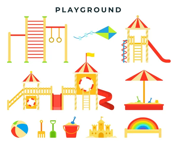 Children entertainment playground with sandbox, slide, horizontal bar, ladder, swing, toys. Children s game place. Vector illustration. — Stock Vector