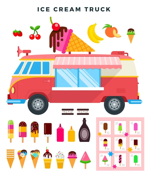 Camión de helados, vista lateral. Furgoneta de helados, varios helados, set. Ilustración de estilo plano vectorial . — Vector de stock