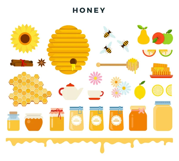 Miel y apicultura, icono ambientado en estilo plano. Abejas, colmena, panal, miel, herramientas apícolas, flores y frutas, diferentes tipos de miel en frascos de vidrio, aislados en blanco. Ilustración vectorial . — Vector de stock